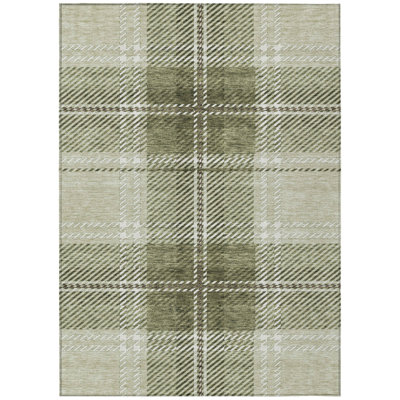 3' X 5' Artichoke Green Brown And Ivory Plaid Washable Indoor Outdoor Area Rug