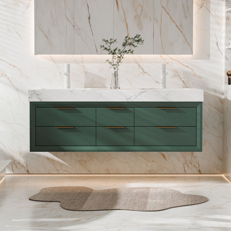 Melora 60" Wall-Mounted Modern Bathroom Vanity With Double Sink, Soft-Close Drawers, White Stone Countertop & LED Light