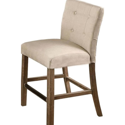 Paire de chaises de comptoir avec dossier, repose-pieds et mélange de beige, pieds rectangulaires en bois gris,