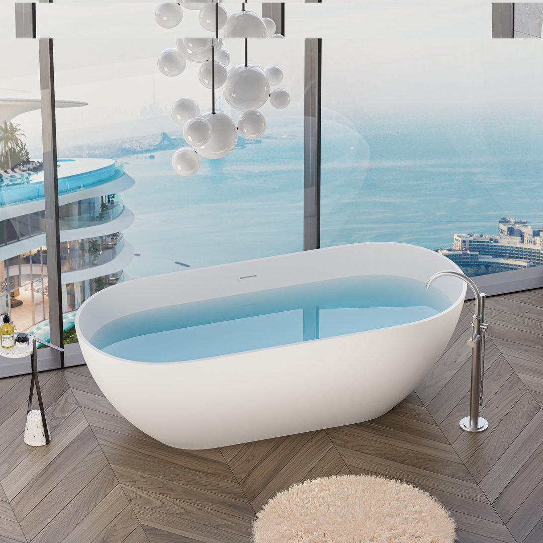 69'' x 29.5'' Freestanding Soaking Solid Surface Bathtub Stone Resin Bath Tub with Overflow and Pop-up Drain, Matte White ABRUZZO