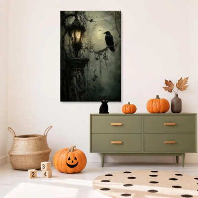 1pc, impression sur toile encadrée d'Halloween, horreur, lanterne, corbeau gothique, forêt brumeuse, affiches, impression sur toile, peinture pour salon, chambre, bureau, salle de bain, dortoir, prêt à accrocher