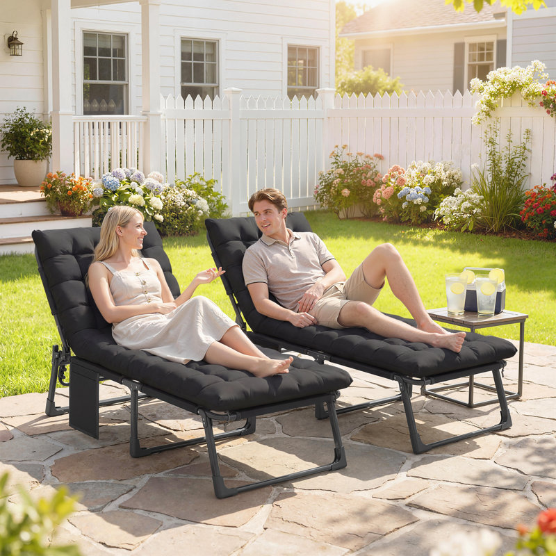 Folding Chaise Lounge Chair Outdoor Tanning Chair Set Of 2 With 5-Position Backrest, Cushions, Side Pocket, Black, Black, 2