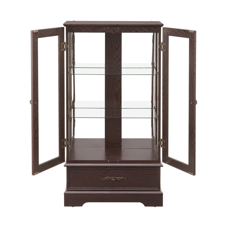 Glass Cabinet Lighted Glass Cabinet Curio Display Cabinet With Adjustable Glass Shelves 2 Doors And 1 Drawer Cabinet Bulb Included Cherry