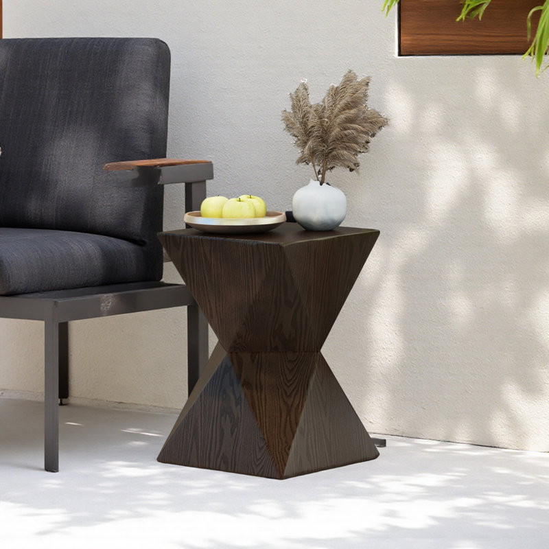 14.25" Wood Grain Finish Prismatic Symmetry Concrete Outdoor Side Table, Brown