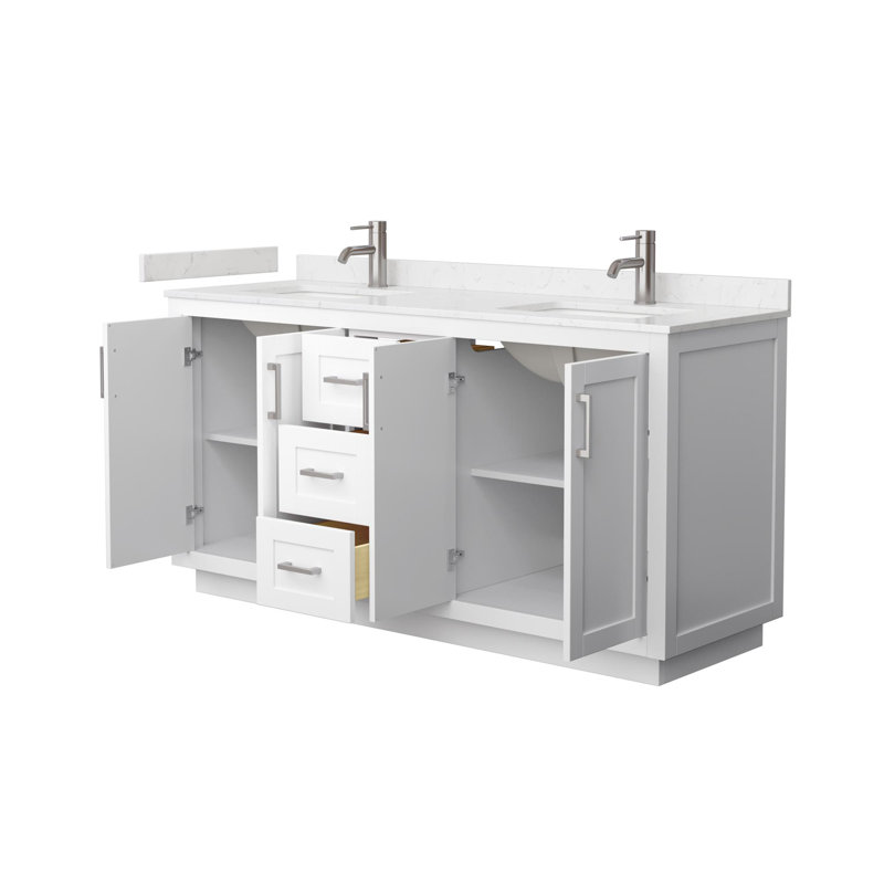 Miranda 66" Freestanding Double Bathroom Vanity with Cultured Marble Top, Brushed Nickel, White, Carrara Cultured Marble
