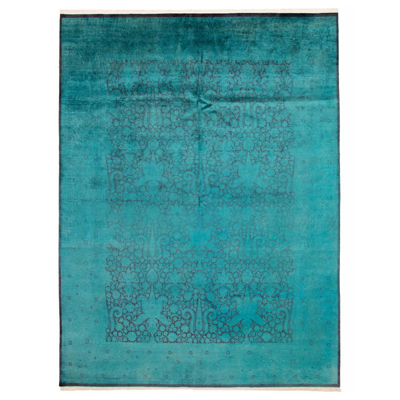 Tapis unique en laine noué à la main turquoise 8 pi 11 po x 11 pi 8 po