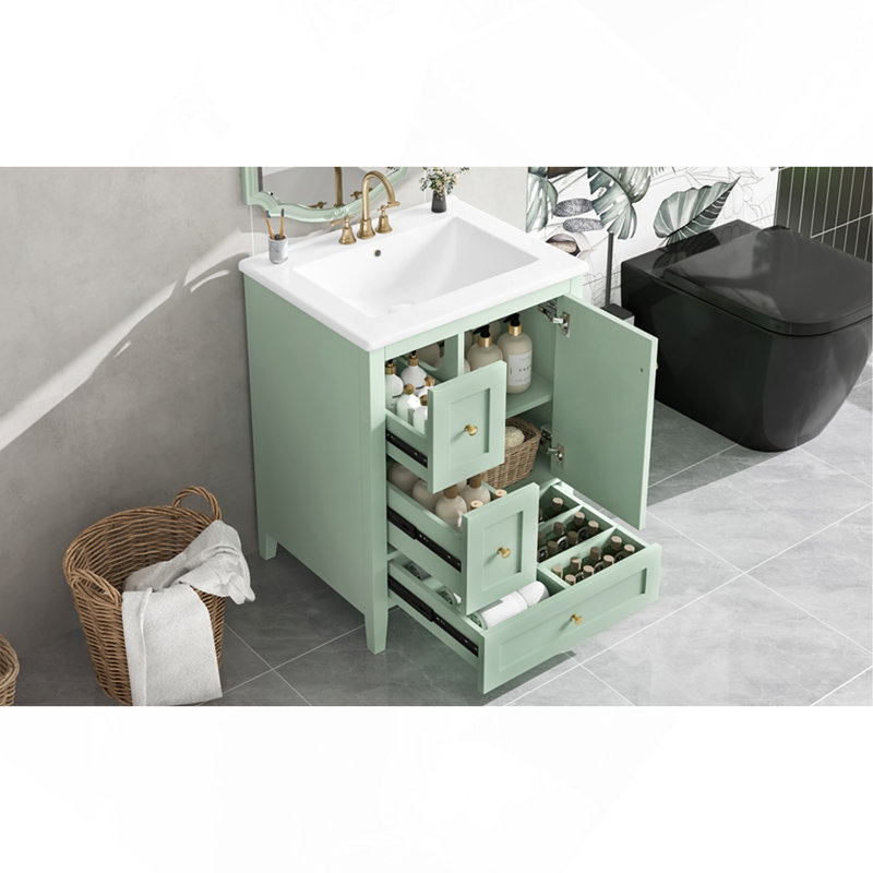 Meuble-lavabo de 24 po avec rangement, tablette réglable, panneau de fibres à densité moyenne et bois d'hévéa, cloisons amovibles, finition verte