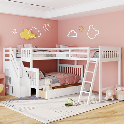 Twin Over Full L-Shaped Bunk Bed With 3 Drawers, Ladder And Staircase - White(OLD SKU:LT000810AAK-1)