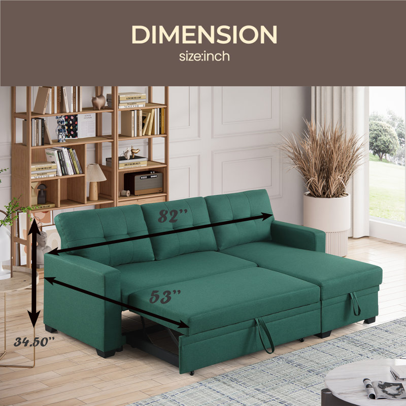 Convertible Upholstered Sectional Sofa With Pull-Out Chaise, Green