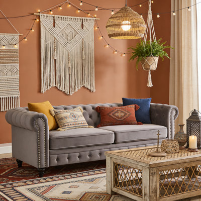 Canapé Chesterfield en velours, canapé 3 places de 84 po avec accoudoirs roulés et capitonnage à boutons, structure en bois massif, coussins à ressorts et en mousse pour plus de confort, pieds en bois brun foncé, pour le salon, appartement, bureau