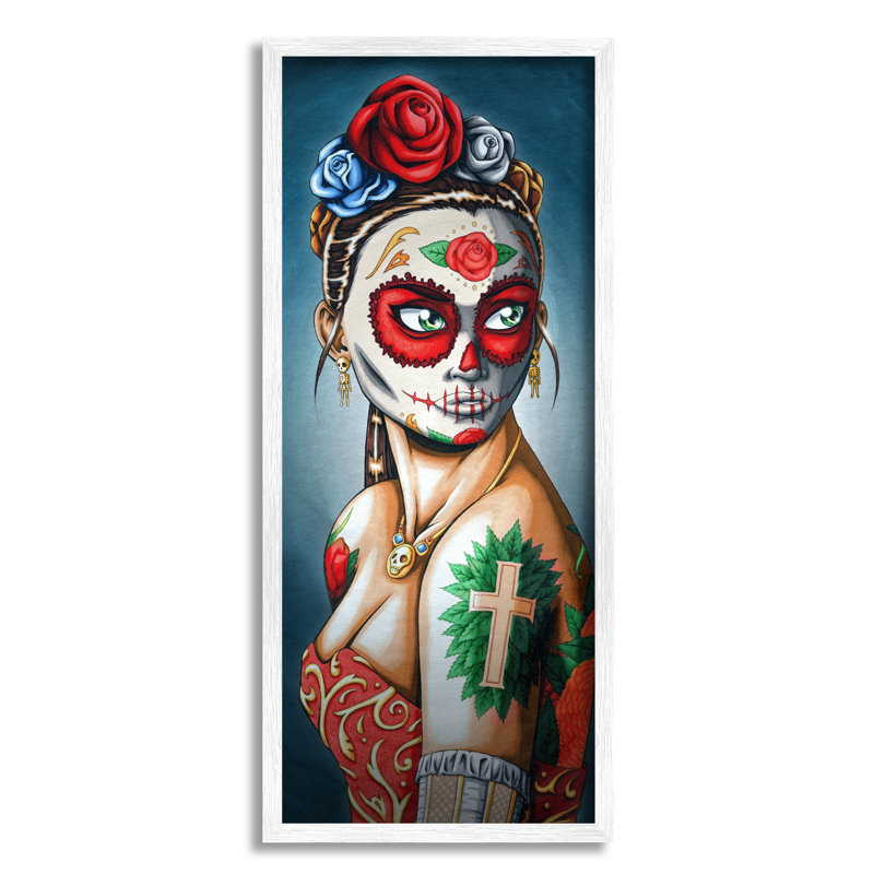 Jour de mort, tête de mort, peinture, tatouages, roses, L 13 po x H 13 po, Giclée encadrée blanc bord de mer
