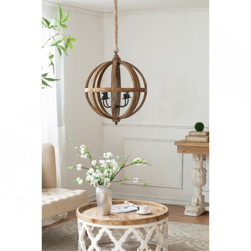 Lustre en bois à 4 lumières, luminaire suspendu avec chaîne réglable pour le vestibule de la salle à manger de la cuisine, ampoule non incluse