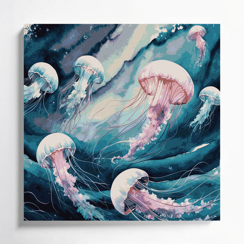 Art mural sur toile bleu méduse nautique, H 32 po x l 32 po