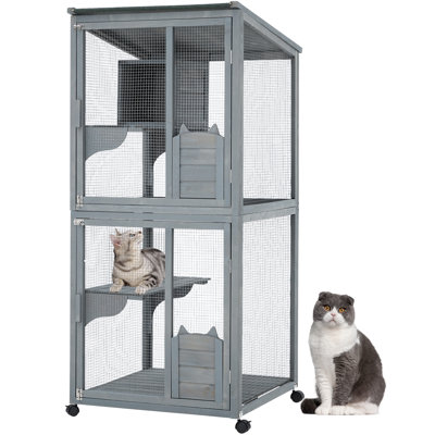 69" Wooden Catio Outdoor Cat Enclosure Indoor and Outdoor Catio with Waterproof Roof and Resting Boxes & Fixable Wheels