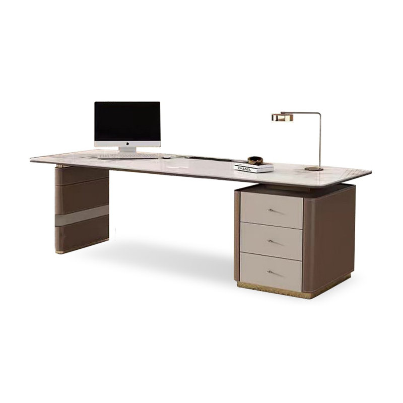 Bureau d'écriture avec tiroirs brun + blanc fritté + bois manufacturé + acier inoxydable
