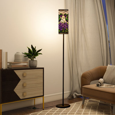 Lampe sur pied Colibris en vitrail Fleurs sur pied à fleurs mauves avec télécommande DEL Abat-jour réglables Hautes lampes pour lire Bureau Salon