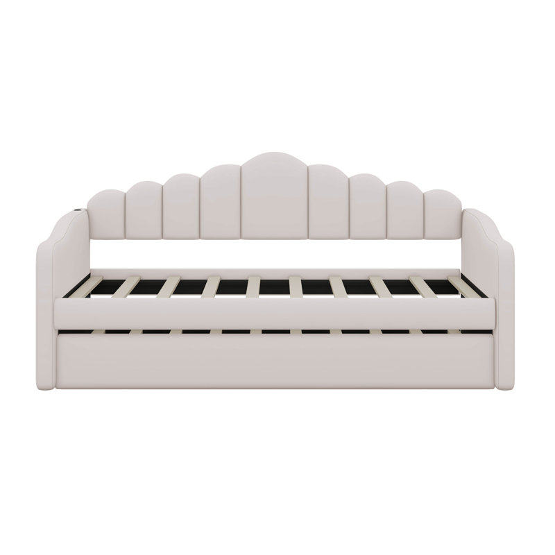 Lit de jour simple rembourré avec lit gigogne, canapé-lit en velours avec ports de chargement USB, Beige