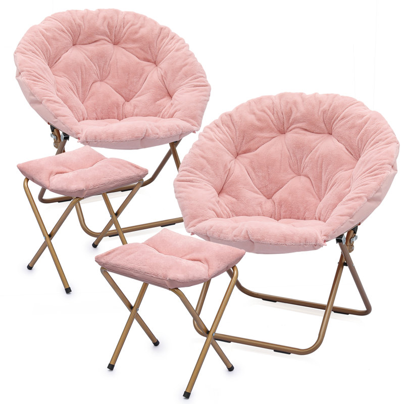 Cozy Saucer Chairs with Footrest Ottoman, Foldable Papasan Chairs Lounge Chairs for Bedroom Living Room, White