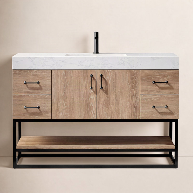 Ensemble de meuble-lavabo simple 48 po Alistair, Noir mat, Chêne naturel, Blanc