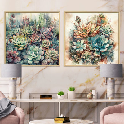 Cactus vert et rouge - Cactus floral ensemble de 2 carrés