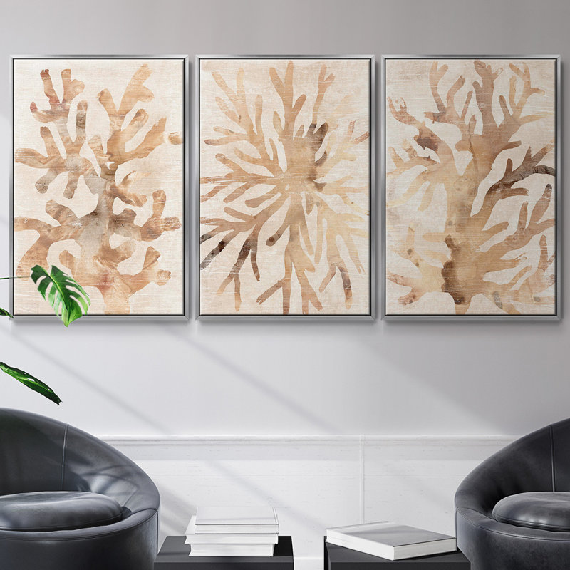 Parchment Coral I - Ensemble de 3 cadres flottants sur toile, Argent, H 36 po x l 72 po