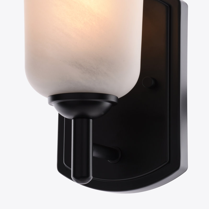 Éclairage de salle de bain noir mat à 1 lumière Laurelhurst, 4,75 po de largeur, verre marbré blanc, acier, à intensité variable, compatible DEL, fixation réversible