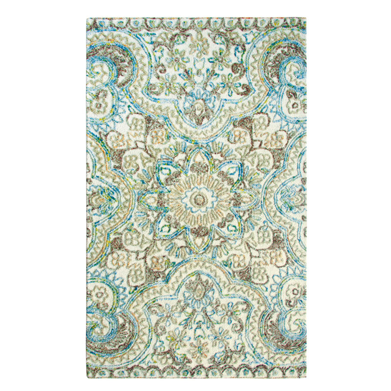 Agra Damask Handmade Tufted Wool Beige/Blue Area Rug, Rectangle 3' x 5'