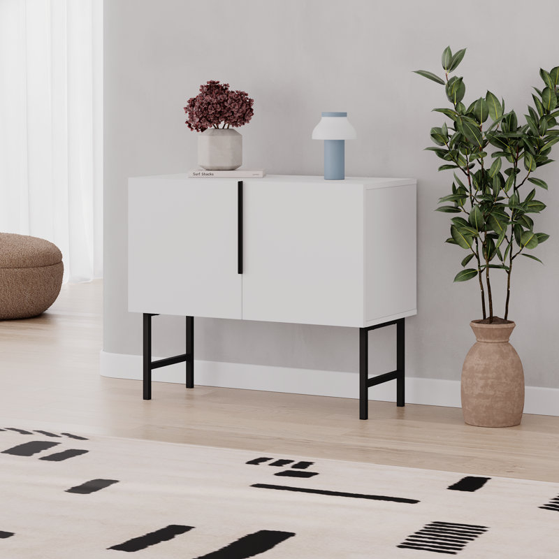  Modern Console Cabinet With Black Metal Legs, Living Room, White