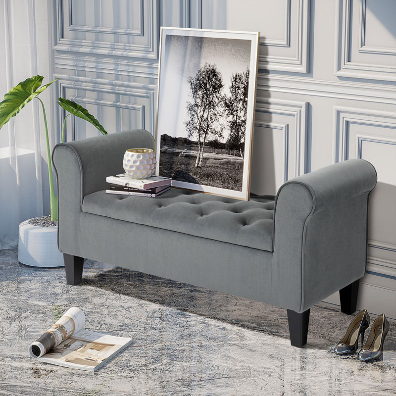 Banc avec repose-pieds capitonné et accoudoirs roulés, Polyester - Grey