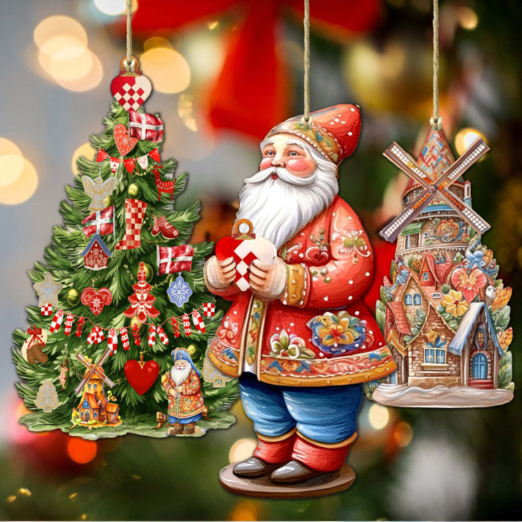 3 Piece German-Inspired Santa Wooden Ornaments