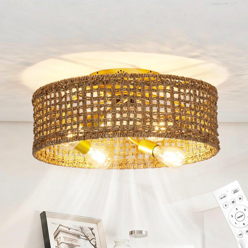 Ventilateurs de plafond en rotin 20 po avec lumières, ventilateur de plafond en cage avec éclairage et télécommande, plafonnier encastré à profil bas, réversible 6 vitesses, tissé à la main, base E26, pour chambre à coucher, salon