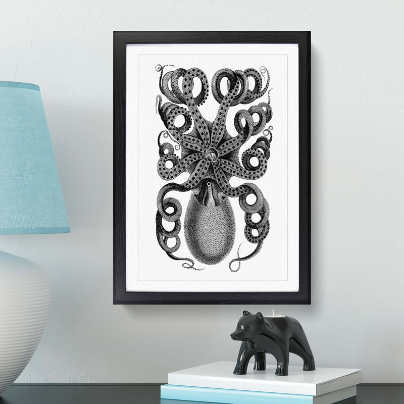 Rear of an Octopus in Black & White by George Shaw - Picture Frame Drawing Print, 65cm H x 48cm W x 2cm D, Black Framed