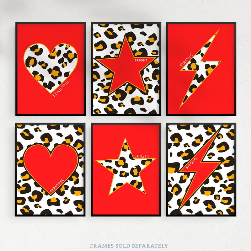 Leopard Pattern Bold Shapes - 6 Piece No Frame Print Set, 29.7cm H x 21cm W x 0.4cm D, Multicoloured Red