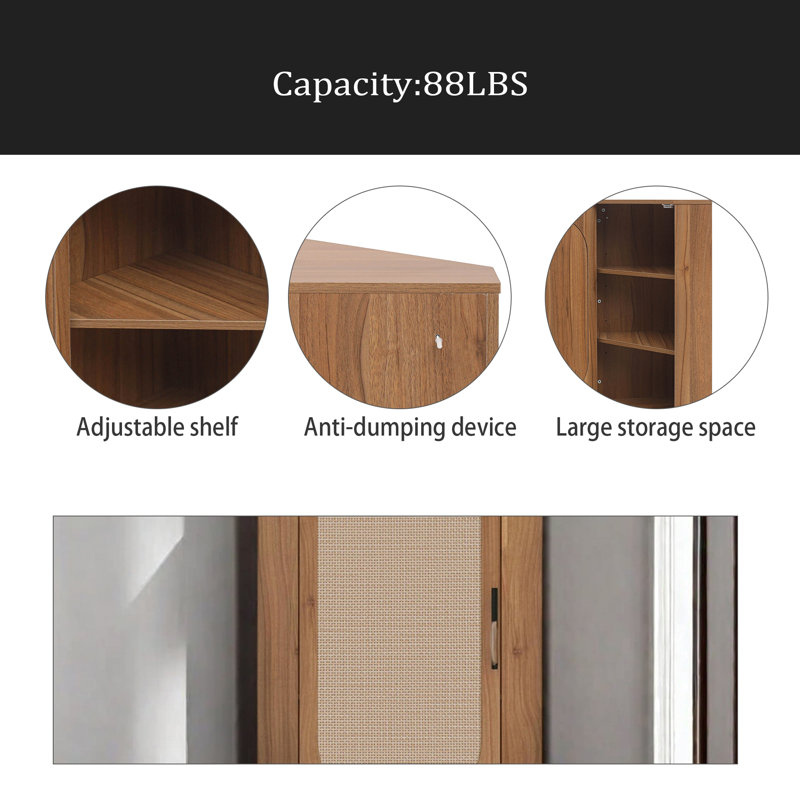 Corner Cabinet ,Rattan Door,Freestanding Corner Tables For Small Spaces, Corner Shelf Stand For Living Room, Kitchen, Bathroom, Bedroom