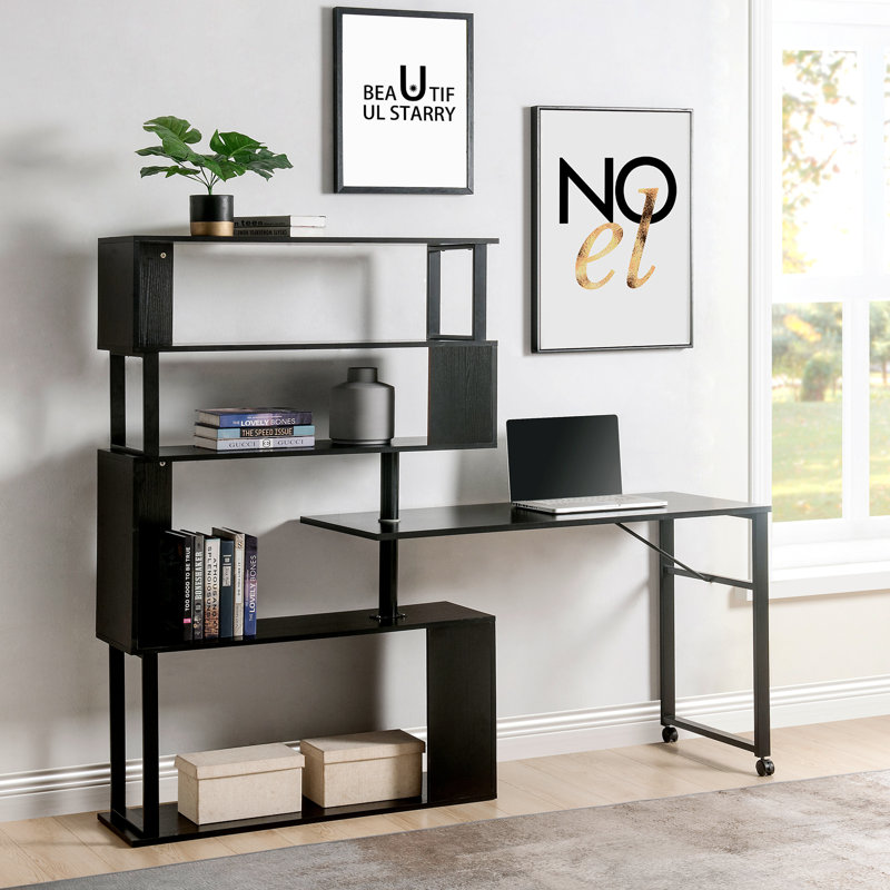 Home Office Computer Desk L-Shaped Corner Table, Rotating Computer Table with 5-Tier Bookshelf, Four Installation Methods, Lockable Casters (Black)