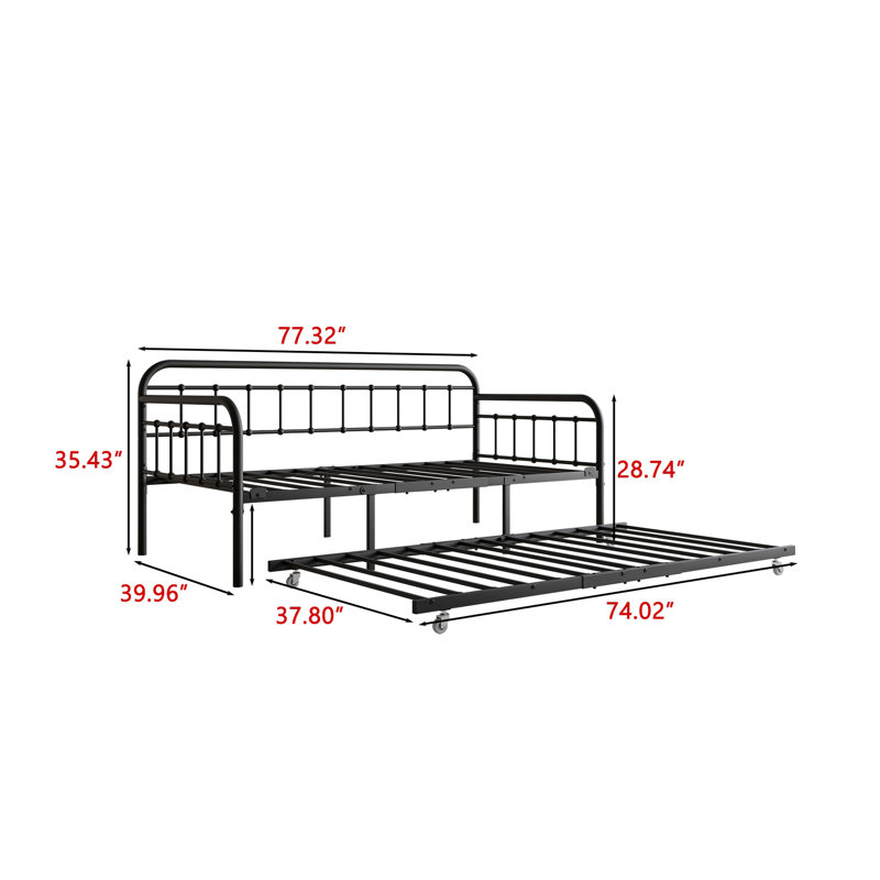 Structure de lit de jour simple en métal avec lit gigogne, plateforme de lit à lattes en acier robuste avec tête de lit, aucun sommier tapissier requis, noir