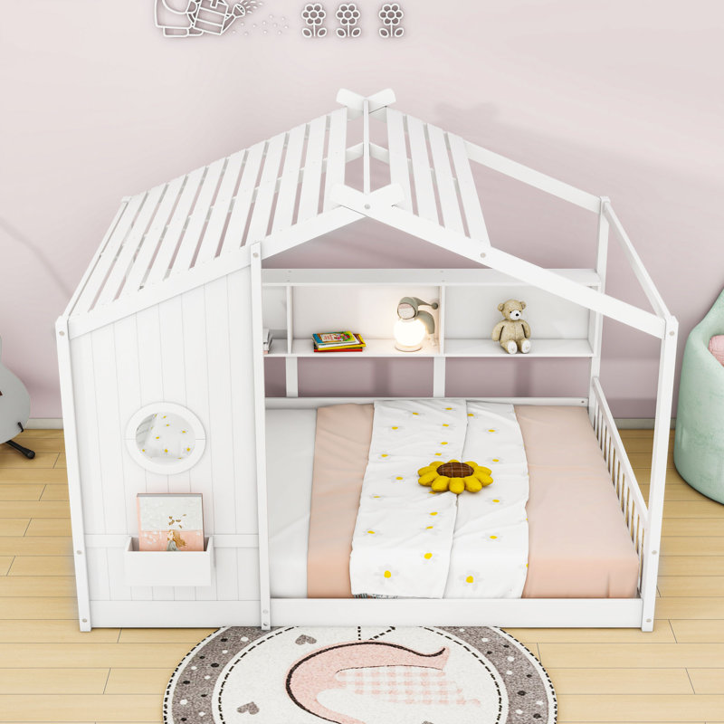 Wooden House-Shaped Floor Bed With Built-In Storage Shlves And Slats, Full, White