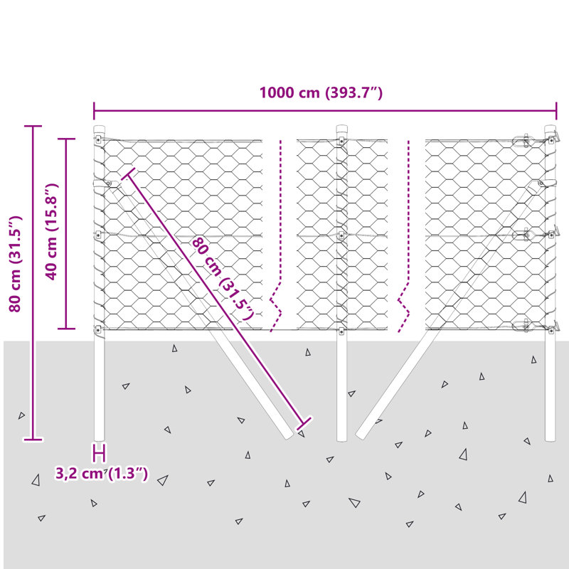 Hexagon Fence Galvanised Steel, Silver, 40cm H x 1000cm W