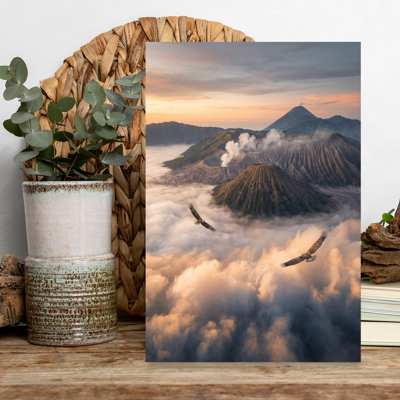 Volcano Peak Eagles, art dramatique abstrait contemporain, oiseau, paysage de montagne, art mural