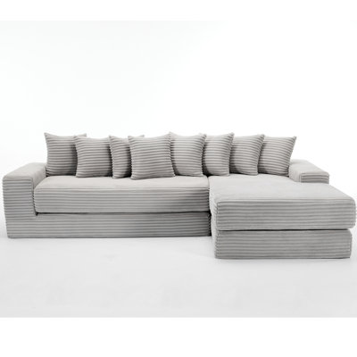 [New Arrival] Video-Showcased Oversize Cloud L-Shape 3-in-1 Convertible Sleeper Sofa with Eight Pillows & Magazine Bag - Right Facing, Black Corduroy by Latitude Run