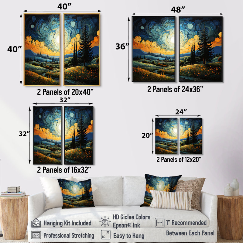 Vangogh le cyprès se balançant III - Paysages Vangogh, art mural 2 panneaux, 32" H x 32" W, Black
