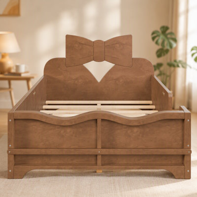 Platform Bed with Full Surround Guardrails, Cute Bowknot Shaped Headboard