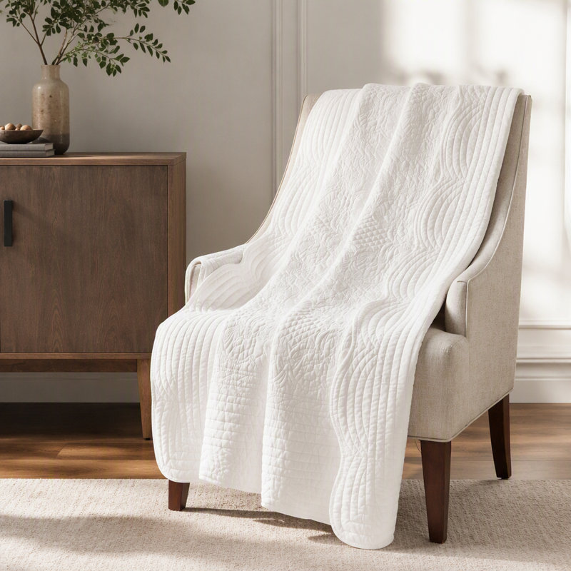 Jeté matelassé surdimensionné avec bords festonnés blanc 60 po x 72 po, L 71,99 po x l 59,99 po, Blanc