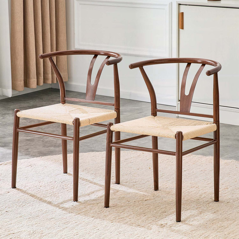 Fauteuil moderne en fer pour salle à manger, siège tissé, ensemble de 2, Brun
