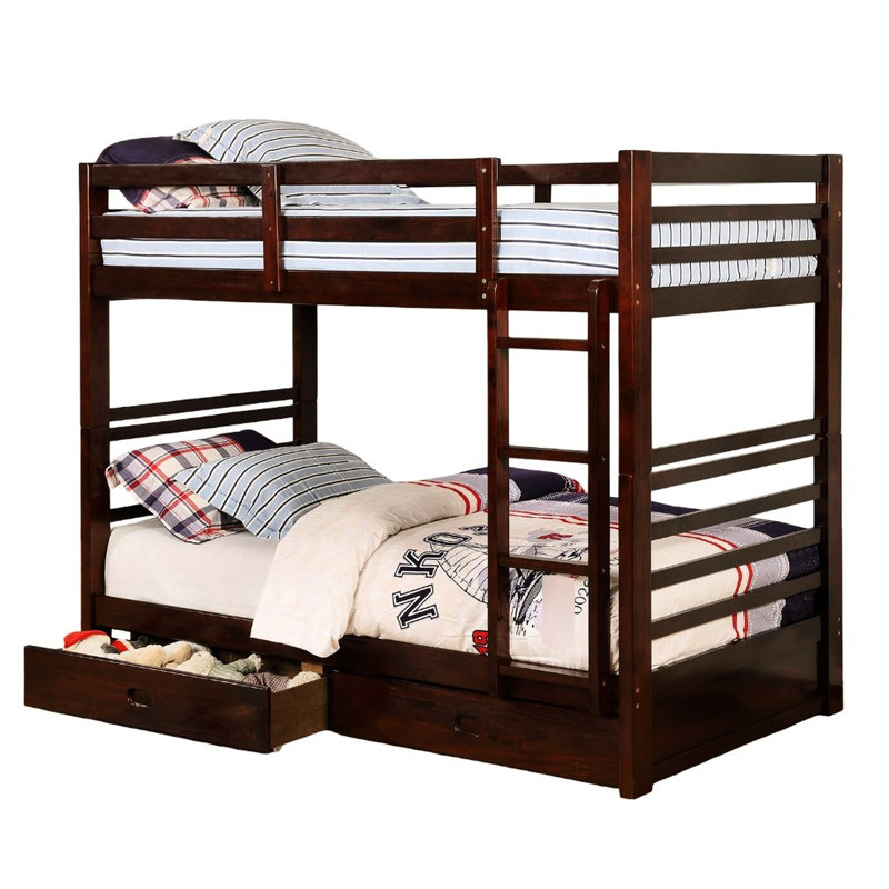 Lit simple superposé simple au design transitionnel, bois massif noyer foncé, deux tiroirs pour la chambre à coucher, attaché, 10 pièces Lattes, Insert - Rails à joint verrouillés, Arrangement,