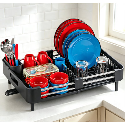 Égouttoir à vaisselle extensible avec égouttoir de cuisine en acier inoxydable et en PP avec ustensile détachable et porte-gobelet