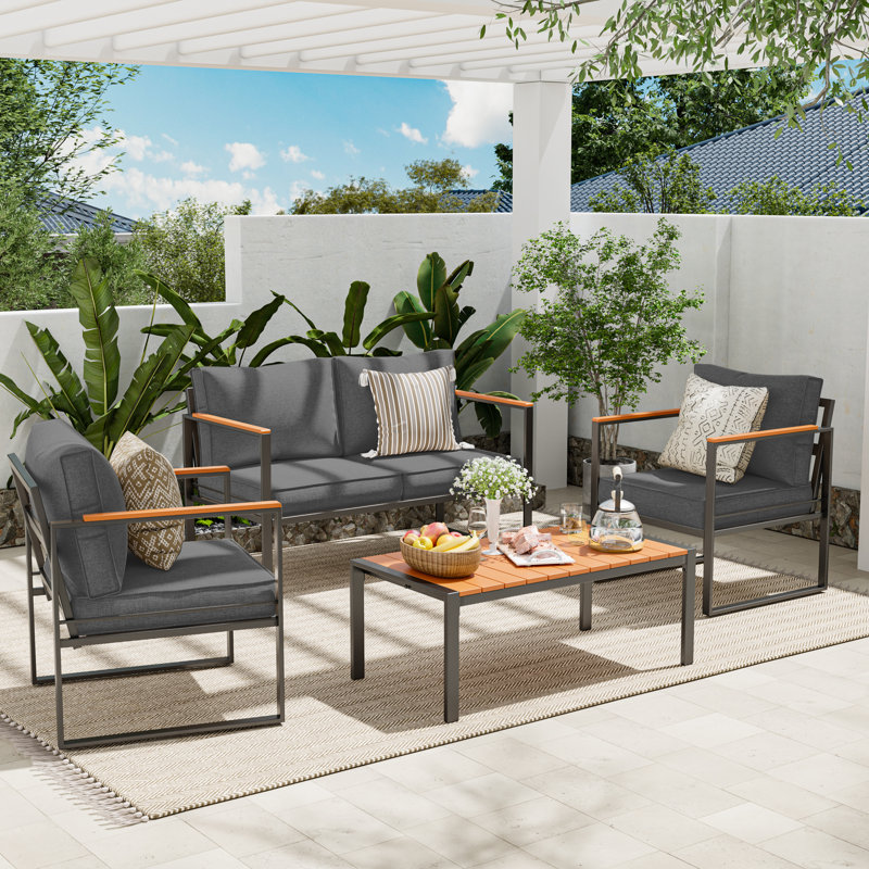 Ensemble de conversation pour patio 4 pièces avec cadre en métal résistant aux intempéries, Gris foncé, 2, Square shape