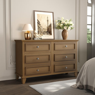 Spacious 6 Drawer Dresser for Bedroom - Modern Wide Wooden Chest with Elegant Metal Handles - Large Retro Brown