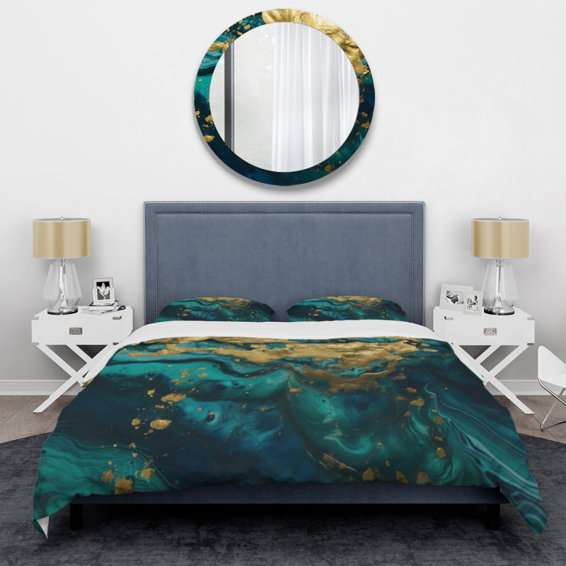 Ensemble de housse de couette en microfibre / polyester Teal and Gold, Housse de couette simple + 1 taie décorative stan