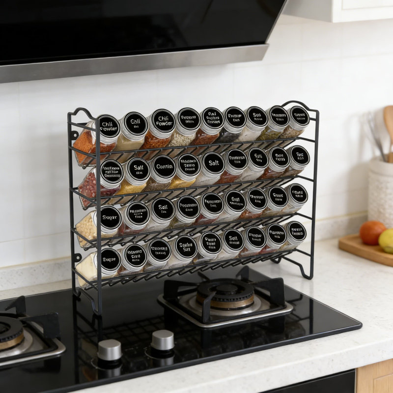Ensemble complet de rangement à épices avec 36 pots en verre, 396 étiquettes, entonnoir et marqueur pour comptoir de cuisine, armoire ou fixation murale